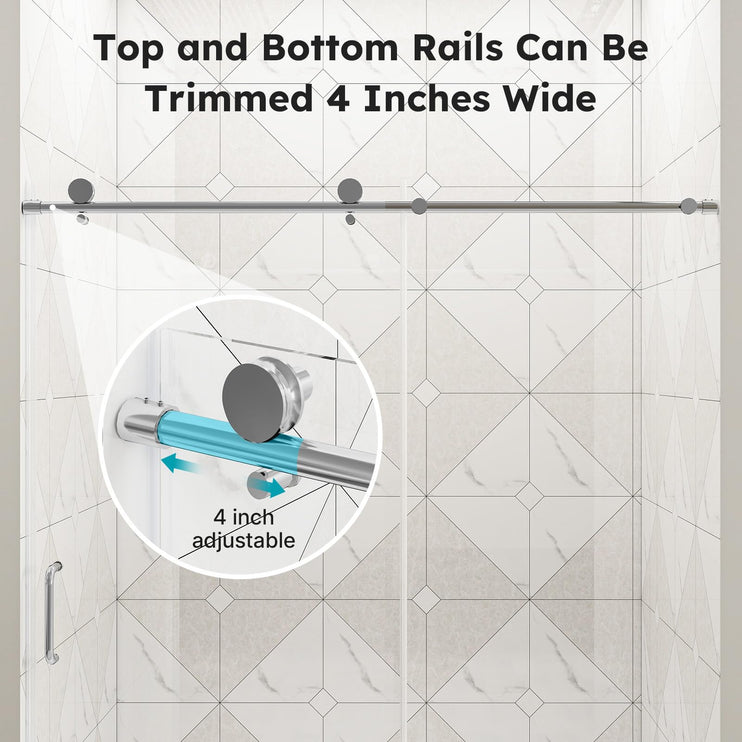 56"-60" W x 76" H Frameless Sliding Shower Door, Bathroom Sliding Door with 1/4'' Tempered Glass, Explosion-Proof Film, Silent Soft-Close Shower Door, Stainless Steel Handle, Brushed Nickel