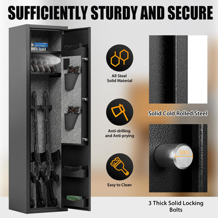 6 Gun Safe, Rifle Gun Safe Quick Access Rifle Safe for Home, Digital Keypad Gun Cabinet with Adjustable Gun Rack, Pistol Bags and Storage Boxes, LED Light