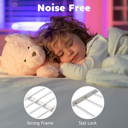 Twin Over Full Bunk Bed, Metal Low Profile Bunkbeds with Full-Length Guardrail and Ladder, Space Saving, No Boxing Spring Needed, White