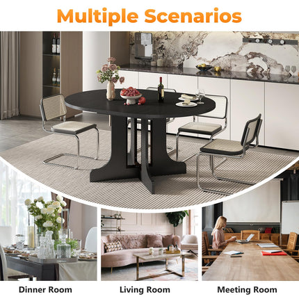 43"-59" Expandable Round Dining Table, Extendable Dining Room Table for 4-6, Oval Tabletop with Removable Leaf, Trestle X-Shaped Base & Metal Track for Dining Room, Living Room-Black