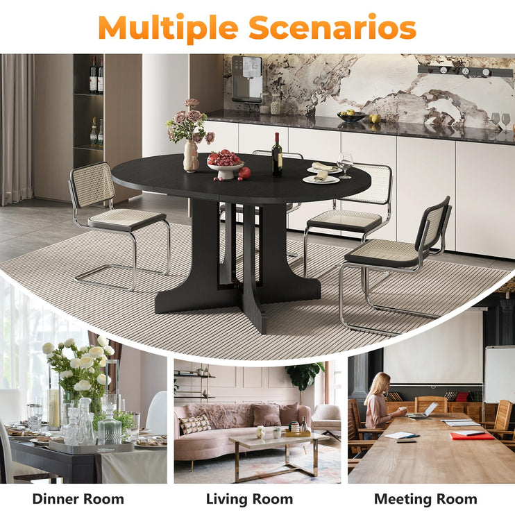 43"-59" Expandable Round Dining Table, Extendable Dining Room Table for 4-6, Oval Tabletop with Removable Leaf, Trestle X-Shaped Base & Metal Track for Dining Room, Living Room-Black