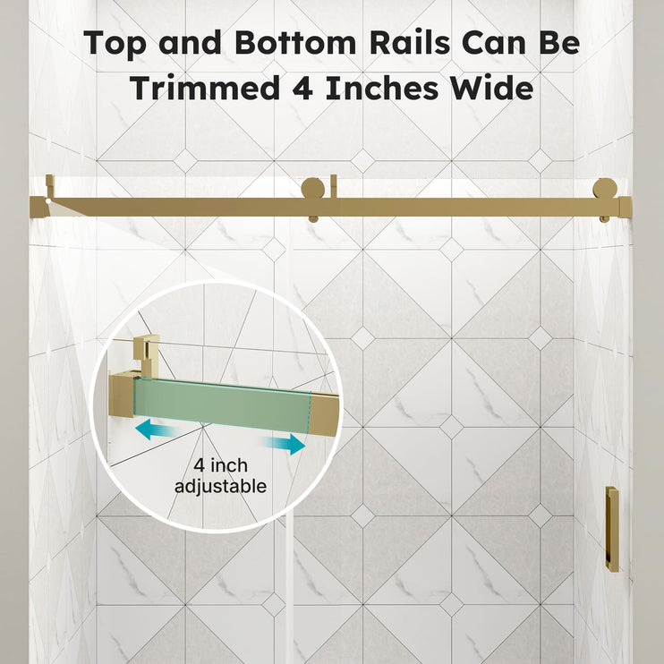 56"-60" W x 76" H Frameless Shower Door, Sliding Shower Door with 1/4" (6mm) Clear Tempered Glass, Silent Soft-Close Shatterproof Shower Doors, Reversible Installation, Aluminum, Gold