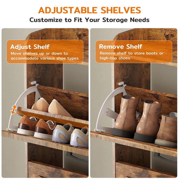 40.51" Shoe Storage Cabinet with 2 Flip Drawers & Side Cabinet, Flip Drawer Shoe Cabinet with Mirror and Adjustable Shelves, Wooden Shoe Organizer Cabinet for Entryway, Livingroom, Brown