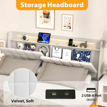 Floating King Bed Frame with Storage Headboard, Upholstered Platform Floating Bed Frame King with LED Lights, Charging Station with USB Ports, Noiseless, White