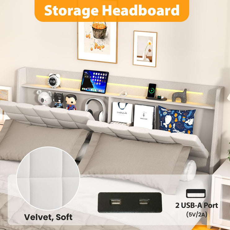 Floating King Bed Frame with Storage Headboard, Upholstered Platform Floating Bed Frame King with LED Lights, Charging Station with USB Ports, Noiseless, White