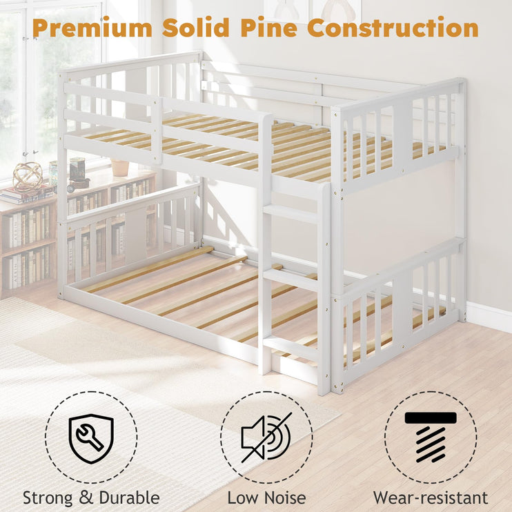 Wooden Low Bunk Bed Twin Over Twin, Solid Pine Bed Frame with Built-in Ladder, Convertible Bed Frame That Separates into 2 Twin Beds, Floor Bunk Bed for Small Spaces, Bedroom, White