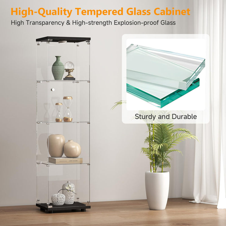 Tempered Glass Display Cabinet with Lights, 4-Tier Curio Cabinet with Glass Doors and Lock, Glass Display Case for Collectibles, for Living Room, Office, Bedroom, Single Door, Black