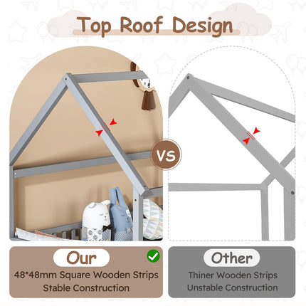 Twin House Bed for Kids, Wooden Montessori Bed with Fence and Roof for Toddlers, Kids Floor Bed Frame for Girls & Boys, Twin Grey