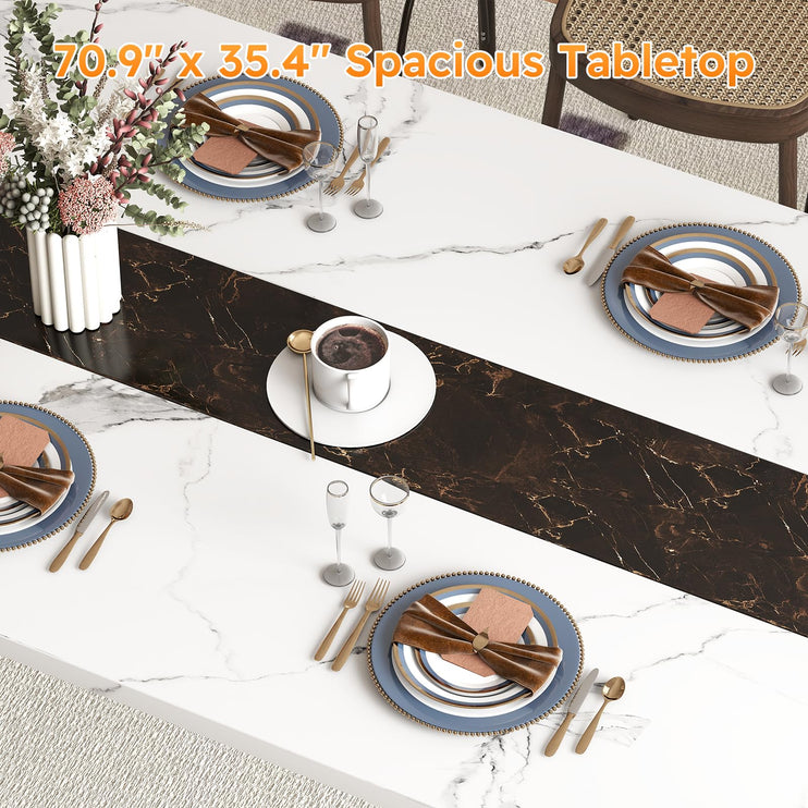 70.9" Dining Table for 6-8 People, Large Farmhouse Dining Room Table, Modern Rectangular Kitchen Table with Spacious Tabletop & Triangular-Shaped Steel Base for Kitchen, Dining Room-White