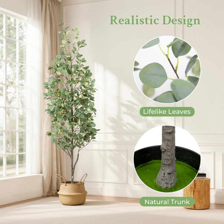 6FT Artificial Eucalyptus Tree with Wicker Basket & Black Pot, Indoor Green Faux Eucalyptus Trees, Fake Eucalyptus Plants with Lifelike Leaves & Natural Trunk for Home Office Bedroom, 1 Pack