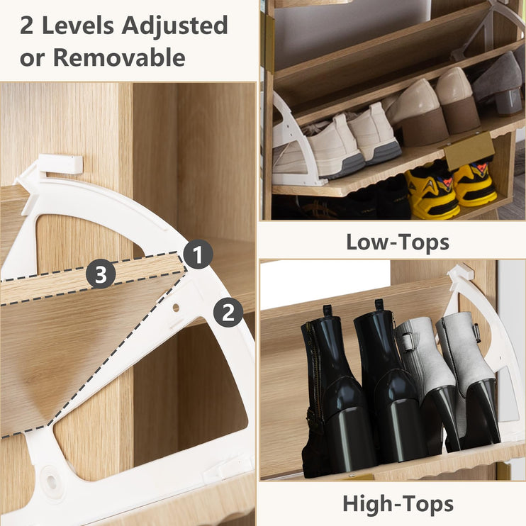 Shoe Storage Cabinet with Mirror, Flip Drawer Shoe Cabinet with Side Cabinet, Anti-Tip Design, Shoe Organizer Cabinet for Entryway, Front Door, Foyer, Hallway, Light Wood Color