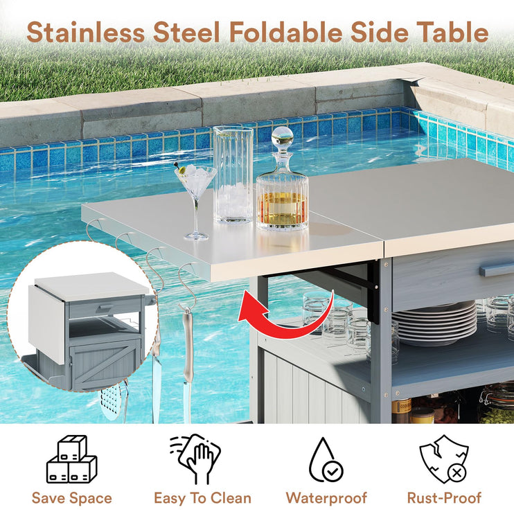 Outdoor Grill Cart with Drop Leaf, Stainless Steel Tabletop Outdoor Kitchen Island, Solid Wood Outdoor Buffet Cabinet with Drawer, Towel Rack, Lockable Wheels for Grilling, Brown/Light Wood Color/Gray-blue