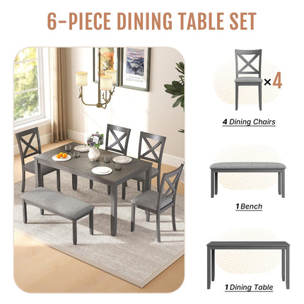 6-Piece Wooden Dining Table Set, Dining Table Set for 6, Including 1 Dining Table, 4 Upholstered Chairs and 1 Bench, Wooden Legs Dining Table, Table Set for Dining Room, Grey