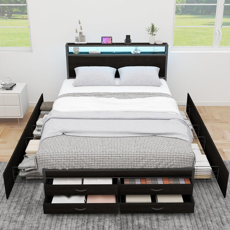 Full Bed Frames with Headboard, Full Size Storage Bed Frame with 8 Drawers, Built-in Charging Ports & Outlets, Adjustable Atmospheric LED Lights, Full-Size Metal Foundation Beds Base, Black