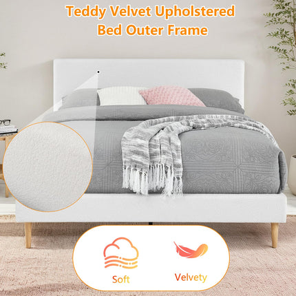 Upholstered Bed Frame Full/Queen, Velvet Upholstered Bed Frame with Headboard, Mattress Foundation with Sturdy Wooden Slats, No Box Spring Needed, No Noise, White