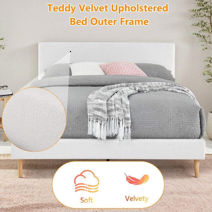 Upholstered Bed Frame Full/Queen, Velvet Upholstered Bed Frame with Headboard, Mattress Foundation with Sturdy Wooden Slats, No Box Spring Needed, No Noise, White