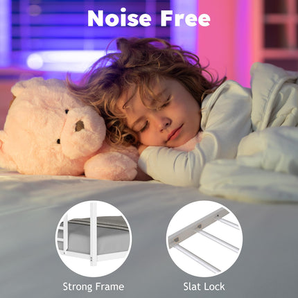 Twin Over Twin Bunk Bed, Metal Low Profile Bunkbeds with Full-Length Guardrail and Ladder, Space Saving, No Boxing Spring Needed, White