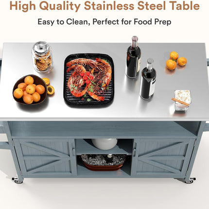 Outdoor Grill Cart with Storage, Stainless Steel Tabletop Outdoor Kitchen Island, Fir Wood Outdoor Buffet Cabinet with Lockable Wheels for Grilling, Gray-Blue