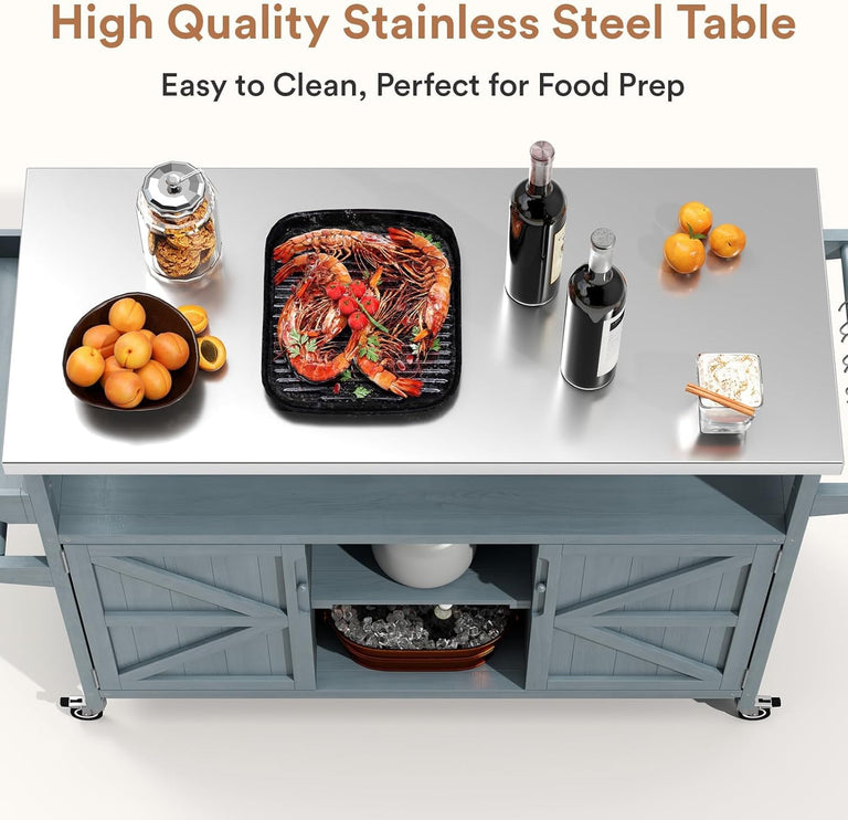 Outdoor Grill Cart with Storage, Stainless Steel Tabletop Outdoor Kitchen Island, Fir Wood Outdoor Buffet Cabinet with Lockable Wheels for Grilling, Gray-Blue