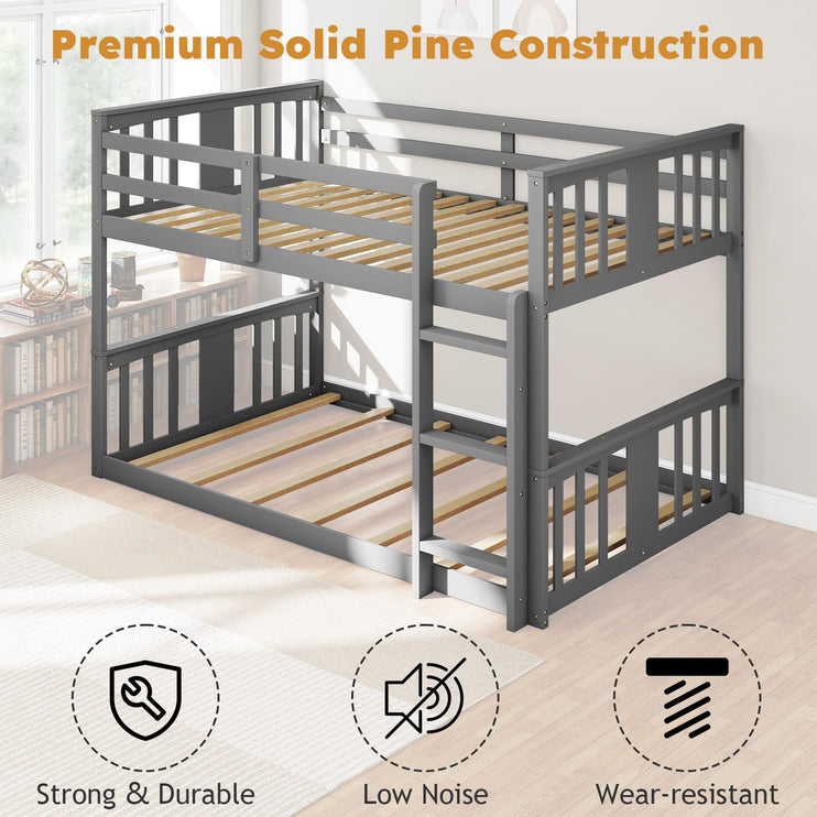 Wooden Bunk Bed Twin Over Twin, Low Bunk Bed, Solid Pine Wood Bed Frame with Built-in Ladder, Convertible Bed Frame That Separates into 2 Twin Beds, Floor Bunk Bed for Bedroom, Gray