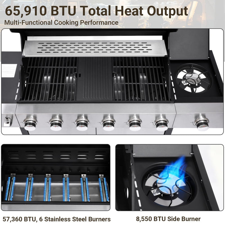 7 Burner Gas Grill with Side Burner, Dual-sided Frying Plate, Thermometer, Wheels, Side Tables, Stainless Steel Burner, 65,910 BTU Outdoor Grill for Patio, Garden, Balcony