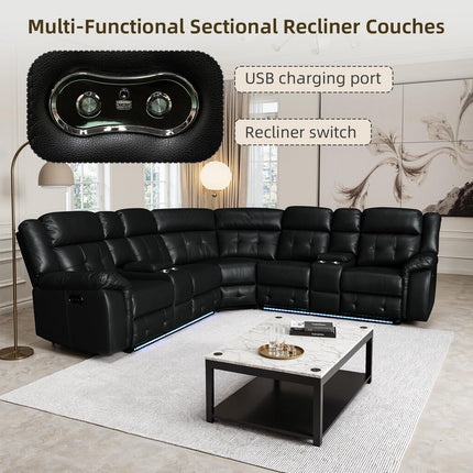 Power Leather Reclining Sofa with LED, Leather Couch with USB Port & Cup Holder/Storage Console for Living Room, Modern Power Recliner Sofa Sets with 2 Recliner Sectional, Brown