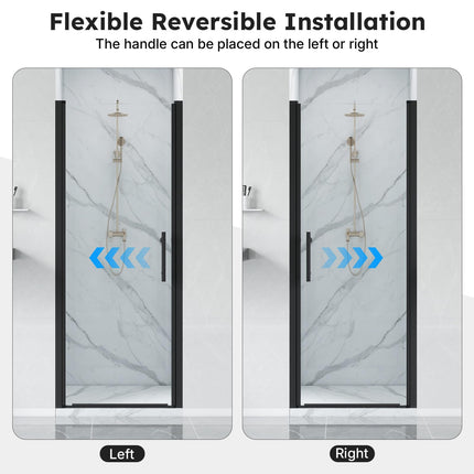 Adjustable 30-31.5" W x 75" H Semi-Frameless Pivot Shower Door, 1/4" (6mm) Clear Tempered Glass Shower Door, Pivot Swing Shower Glass Door, Reversible Installation, Black