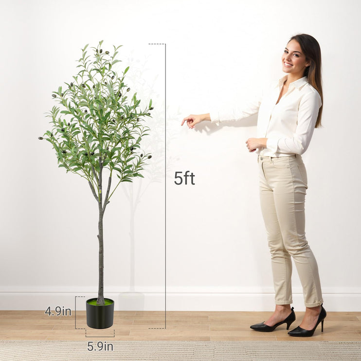 Artificial Olive Trees Indoor, 5FT Faux Olive Silk Tree with Black Pot, Fake Silk Artificial Olive Tree, Low Maintenance Realistic Trunk & Branches, Lifelike Fruits, Easy Assembly Indoor Plant