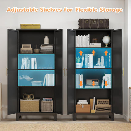 61" H Metal Kitchen Pantry Cabinet, Freestanding Cupboard with 2 Doors and 3 Adjustable Shelves, Tall Metal Storage Cabinet for Kitchen, Bathroom, Dinning Room or Laundry Room （Black）