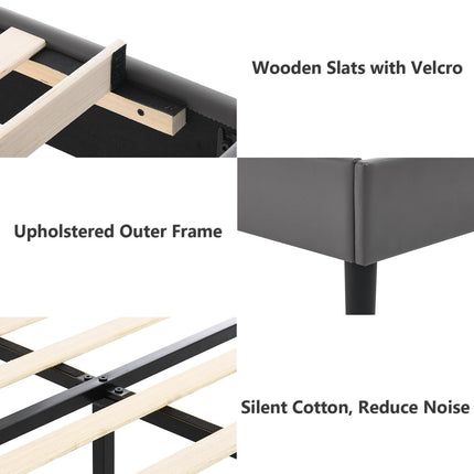 Upholstered Bed Frame King, PU Leather Upholstered Bed Frame with Headboard, Mattress Foundation with Sturdy Wooden Slats, No Box Spring Needed, No Noise, Grey