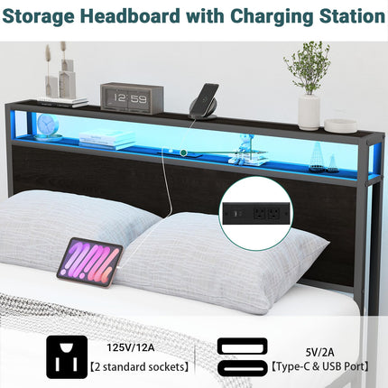 Queen Bed Frames with Headboard, Queen Size Storage Bed Frame with 8 Drawers, Built-in Charging Ports & Outlets, Adjustable Atmospheric LED Lights, Queen-Size Metal Foundation Beds, Black