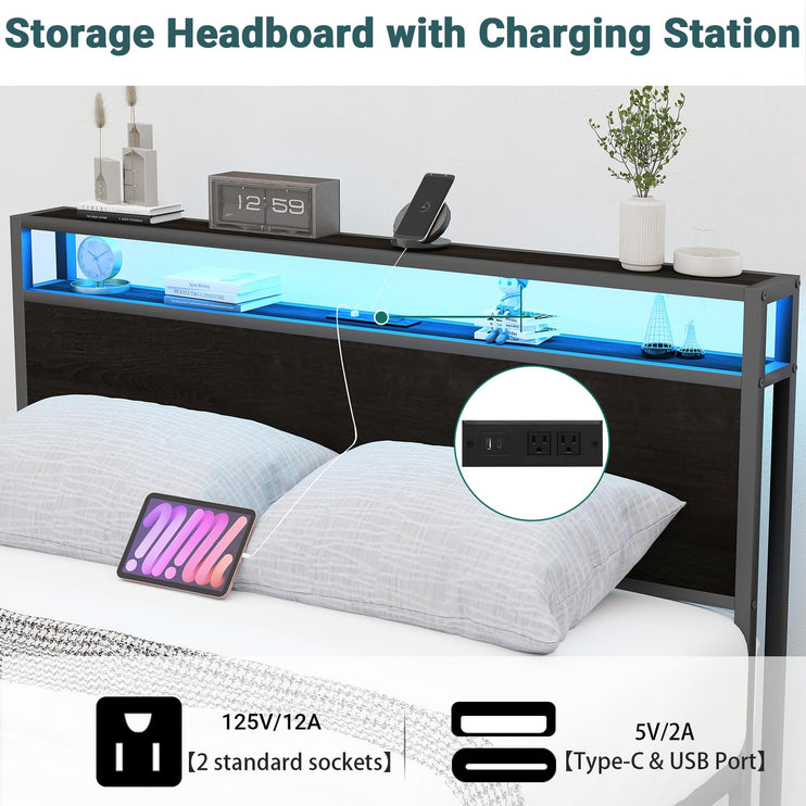 Queen Bed Frames with Headboard, Queen Size Storage Bed Frame with 8 Drawers, Built-in Charging Ports & Outlets, Adjustable Atmospheric LED Lights, Queen-Size Metal Foundation Beds, Black