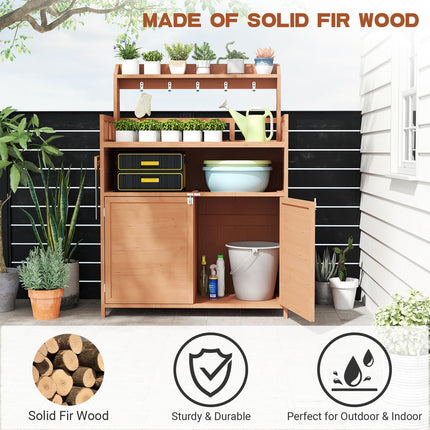 Outdoor Potting Bench Table for Outside, Solid Fir Wood Garden Horticultural Planting Workstation with Large Storage Cabinet and Top Shelf for Gardening, Patio, Backyard