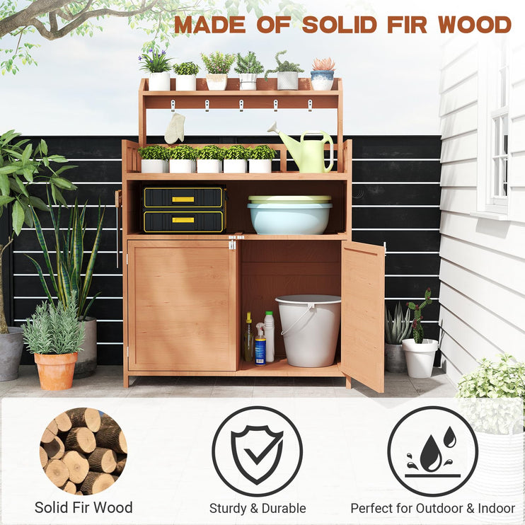 Outdoor Potting Bench Table for Outside, Solid Fir Wood Garden Horticultural Planting Workstation with Large Storage Cabinet and Top Shelf for Gardening, Patio, Backyard