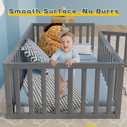 Twin Size Floor Bed for Kids & Children, Twin Montessori Floor Beds with Safety Guardrails and Door, Wood Beds for Kids & Childrens, Boys and Girls, Easy Assembly(Grey)