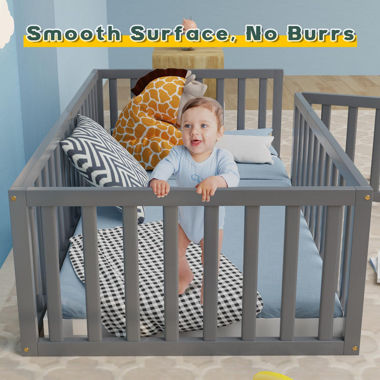 Twin Size Floor Bed for Kids & Children, Twin Montessori Floor Beds with Safety Guardrails and Door, Wood Beds for Kids & Childrens, Boys and Girls, Easy Assembly(Grey)