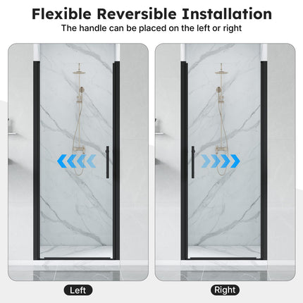 Adjustable 32-33.5" W x 75" H Semi-Frameless Pivot Shower Door, 1/4" (6mm) Clear Tempered Glass Shower Door, Pivot Swing Shower Glass Door, Reversible Installation, Black