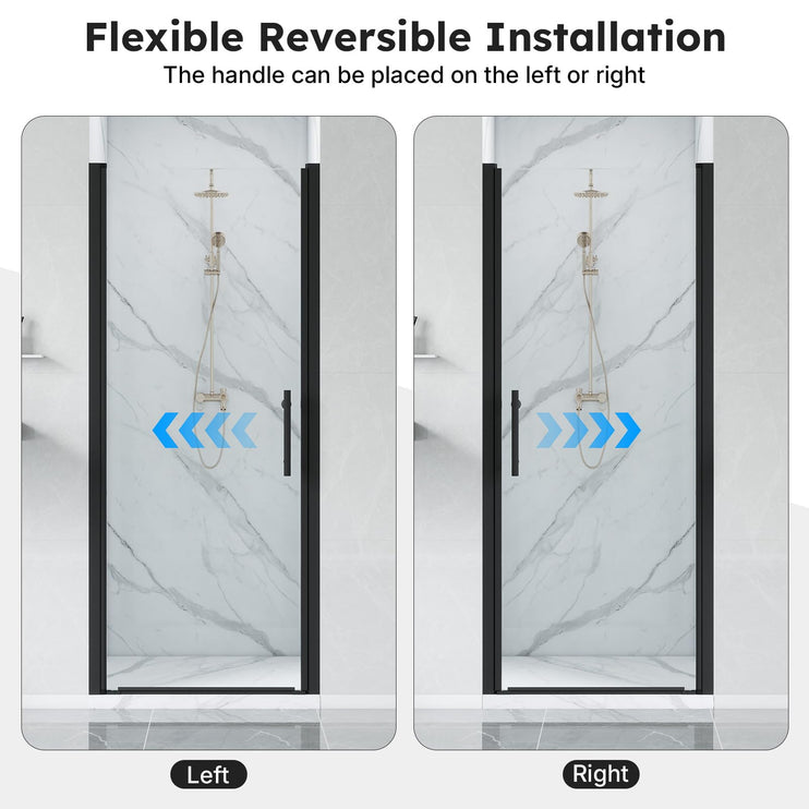 Adjustable 32-33.5" W x 75" H Semi-Frameless Pivot Shower Door, 1/4" (6mm) Clear Tempered Glass Shower Door, Pivot Swing Shower Glass Door, Reversible Installation, Black