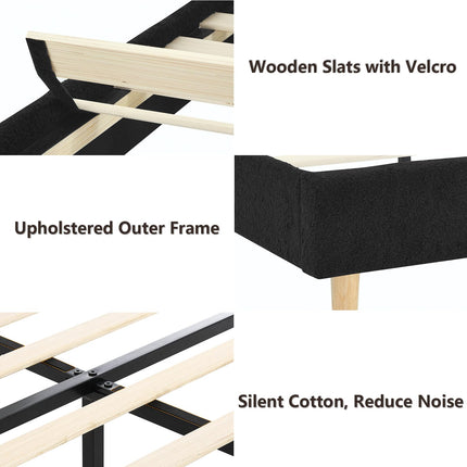 Upholstered Bed Frame Full/Queen/King, Velvet Upholstered Bed Frame with Headboard, Mattress Foundation with Sturdy Wooden Slats, No Box Spring Needed, No Noise, Black