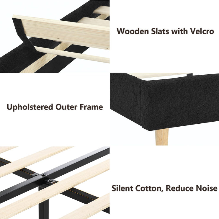 Upholstered Bed Frame Full/Queen/King, Velvet Upholstered Bed Frame with Headboard, Mattress Foundation with Sturdy Wooden Slats, No Box Spring Needed, No Noise, Black