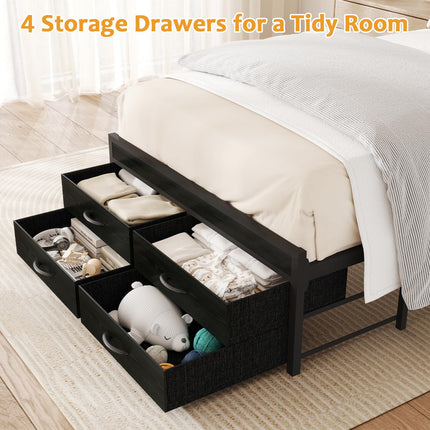 Twin Bed Frame with Storage Drawers, Twin Metal Bed Frame with LED Light and Charging Station, Heavy Duty Metal Slats, No Box Spring Needed, Black