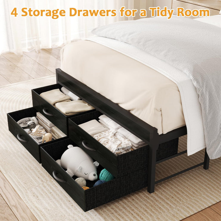 Twin Bed Frame with Storage Drawers, Twin Metal Bed Frame with LED Light and Charging Station, Heavy Duty Metal Slats, No Box Spring Needed, Black