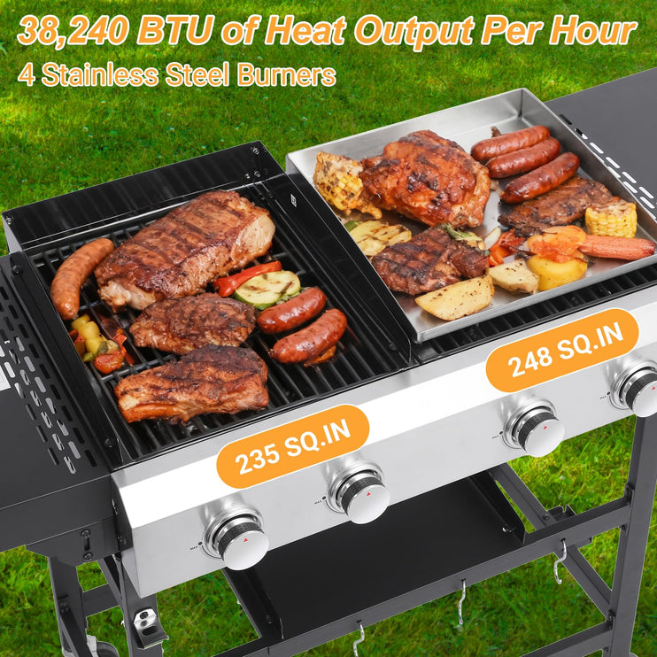 4 Burner Gas Grill and Griddle Combo with Foldable Side Table, Wheels, Stainless Steel Burners, Hooks, 38,240 BTU Gas Grill for Patio, Garden Barbecues