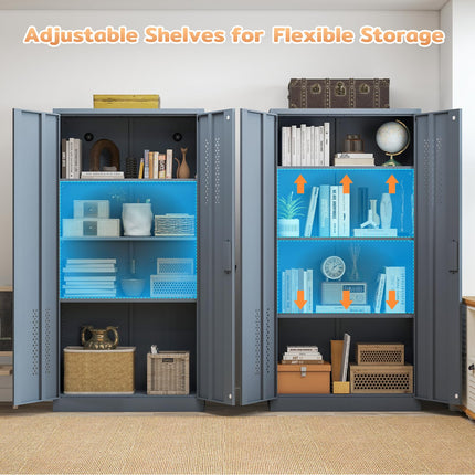 72" H Metal Storage Cabinet, Garage Storage Cabinet with 2 Doors and 4 Adjustable Shelves, Tall Lockable Cabinet for Kitchen, Office, Home or Garage（Grey）