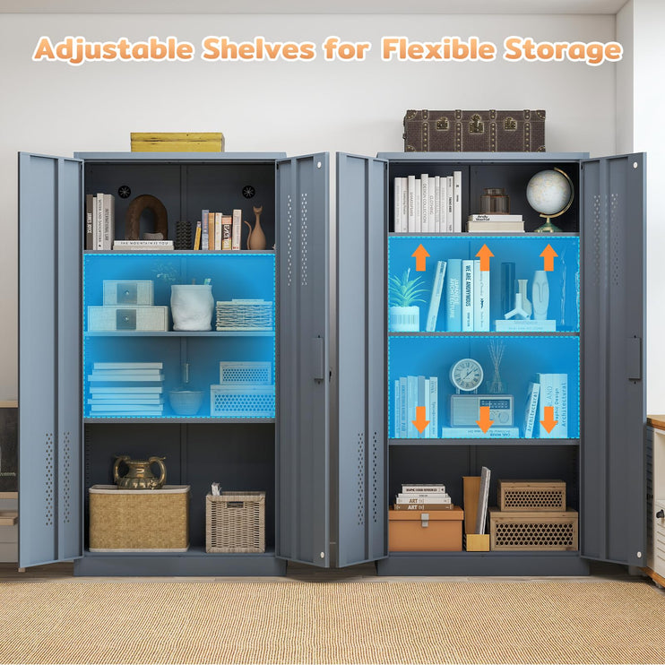 72" H Metal Storage Cabinet, Garage Storage Cabinet with 2 Doors and 4 Adjustable Shelves, Tall Lockable Cabinet for Kitchen, Office, Home or Garage（Grey）
