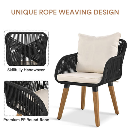 5 Piece Rope Patio Furniture Set, All-Weather Conversation Sets for Backyard with Handwoven Armchairs, Ottomans, Pop-Up Cool Bar Wicker Table, Beige