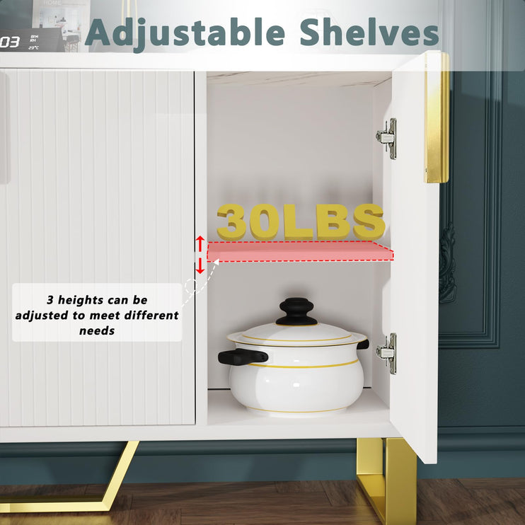 Buffet Sideboard Storage Cabinet 60inch Coffee Bar Console Table with Adjustable Shelf, 4 Doors, White