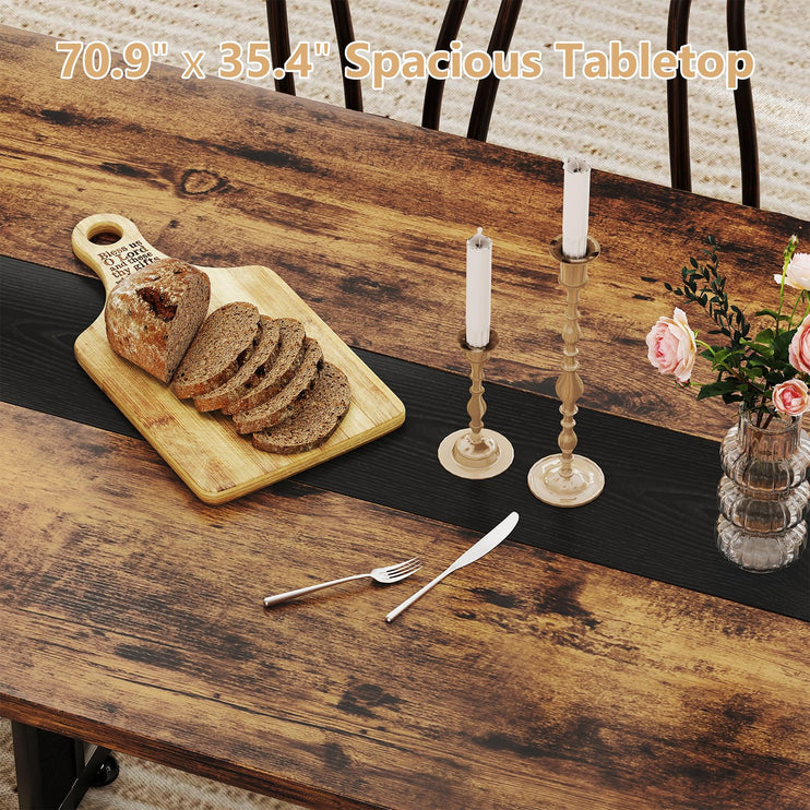 70.9" Large Dining Table for 8, Wood Dining Table for 6-8, Farmhouse Kitchen Table with Spacious Tabletop & V-Shaped Steel Base, 8 Adjustable Legs for Kitchen, Office, Dining Room-White