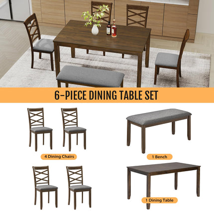 6-Piece Solid Wood Dining Table Set, Includes 1 Dining Table, 4 Upholstered Chairs and 1 Bench, Wooden Legs Dining Table Set for Dining Room, Kitchen, Restaurant, Walnut
