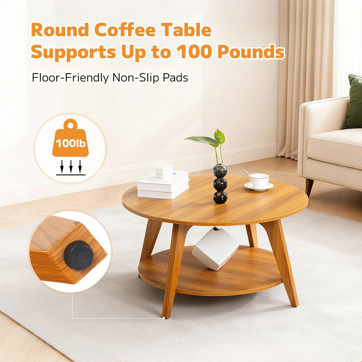 Round Coffee Table, 31.5" Small Coffee Table with Storage Shelf, 2-Tier Circle Wood Rustic Center Table, Farmhouse Style Small Coffee Tables for Living Room, Apartment, Walnut
